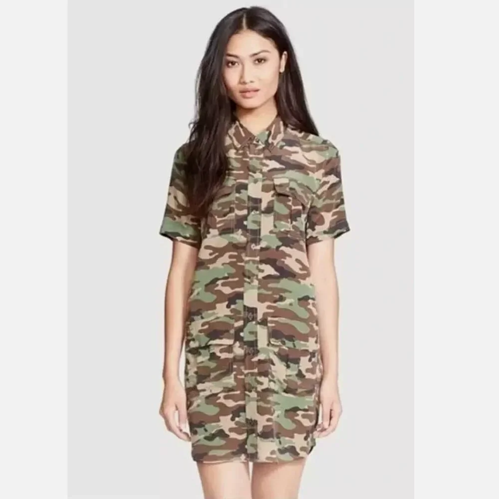 Equipment Femme 100% Silk Shirt Dress Remy Utility Pockets Camo Camouflage Small - Picture 2 of 11